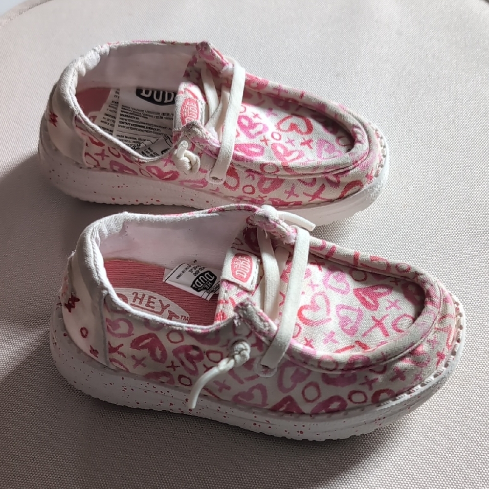 Hey Dude Kids Moccasins with Pink Heart Pattern